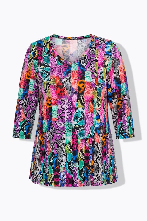 Patchwork Striped Snakeskin Print 3/4 Sleeve Knit T-Shirt