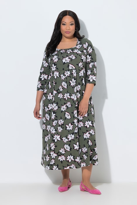 Maxikleid, Blüten, Carré-Ausschnitt, 3/4-Arm, Taschen