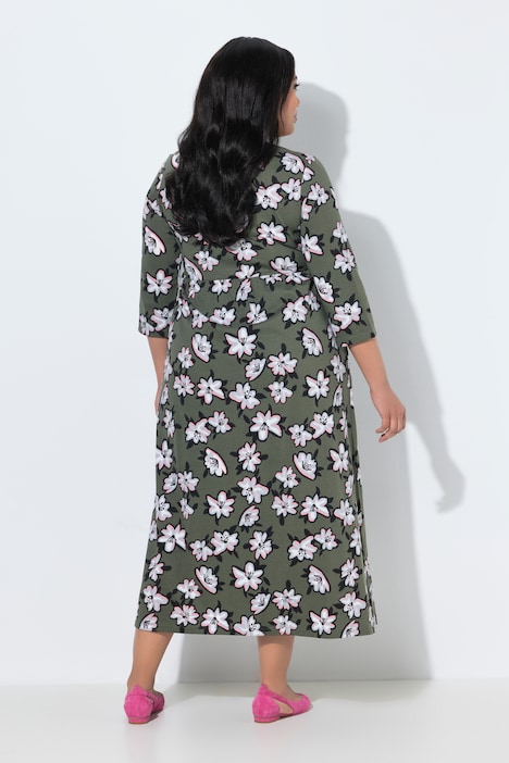 Maxikleid, Blüten, Carré-Ausschnitt, 3/4-Arm, Taschen