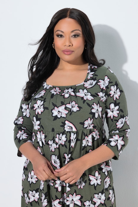 Maxikleid, Blüten, Carré-Ausschnitt, 3/4-Arm, Taschen