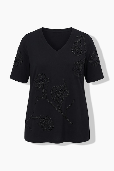 T-shirt med dekorative perler og V-hals