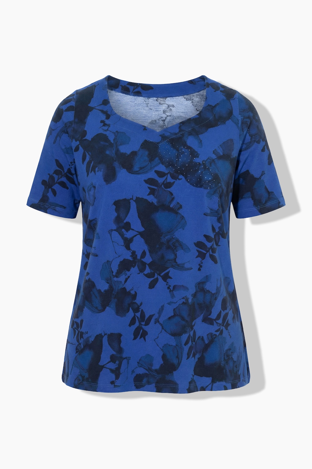 Stora storlekar T-shirt i A-linjemodell med hjärtformad halsringning, Dam, blå, storlek: 46/48, Bomull, Ulla Popken