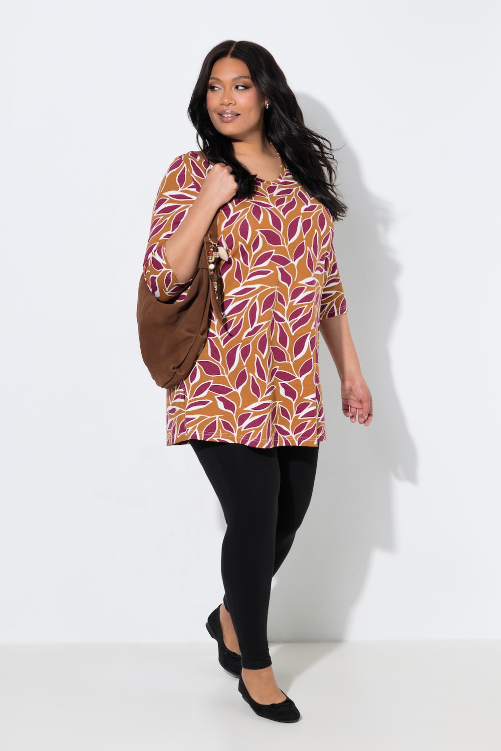 Longshirt, Blüten, V-Ausschnitt, 3/4-Arm