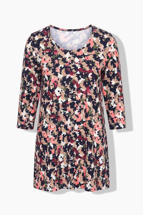 Longshirt, Blüten, A-Linie, Rundhals, 3/4-Arm