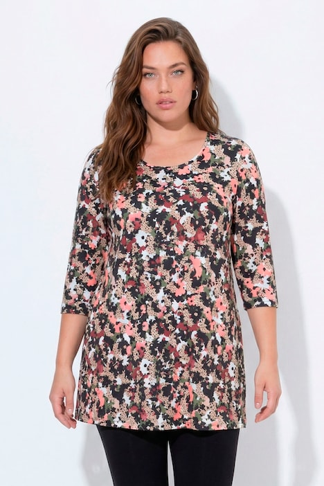 Longshirt, Blüten, A-Linie, Rundhals, 3/4-Arm