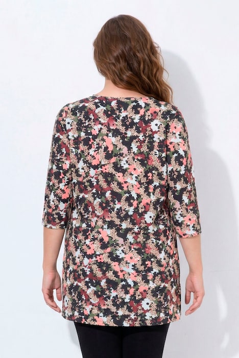 Longshirt, Blüten, A-Linie, Rundhals, 3/4-Arm