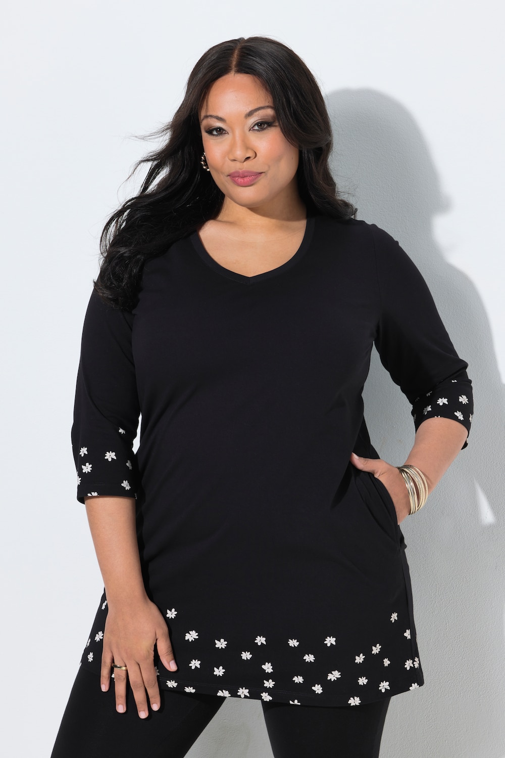 Longshirt, Motivdruck, A-Linie, V-Ausschnitt, 3/4-Arm