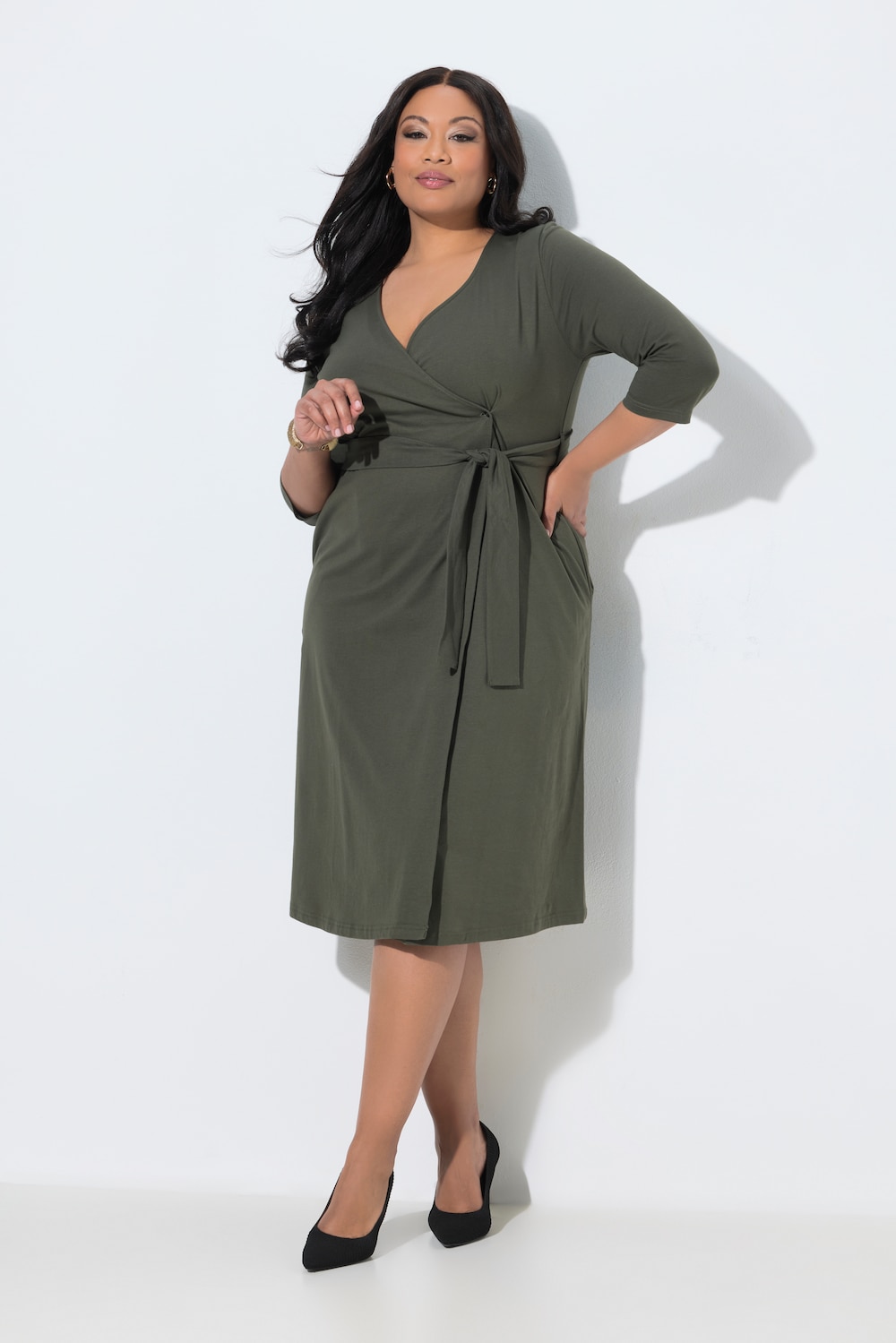 Wickelkleid, A-Linie, V-Ausschnitt, 3/4-Arm, Taschen