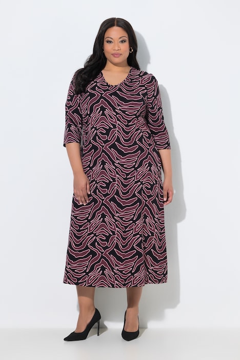 Maxikleid, grafischer Druck, V-Ausschnitt, 3/4-Arm