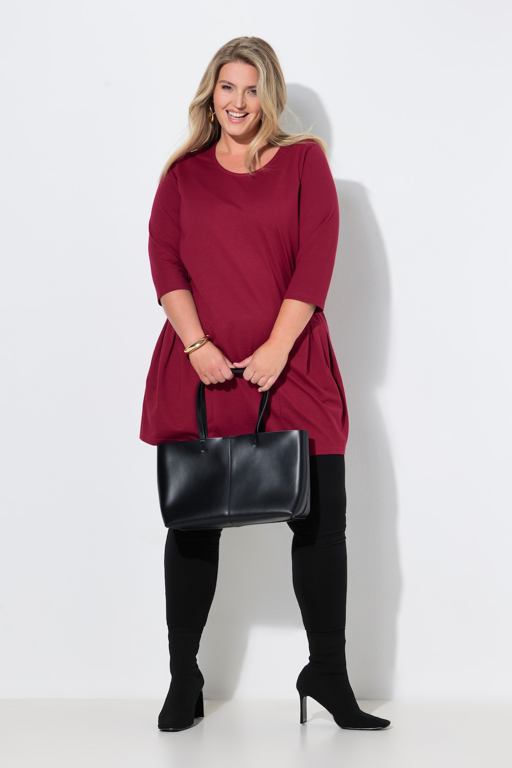 Jerseykleid, Zierfalten, A-Linie, Rundhals, 3/4-Arm