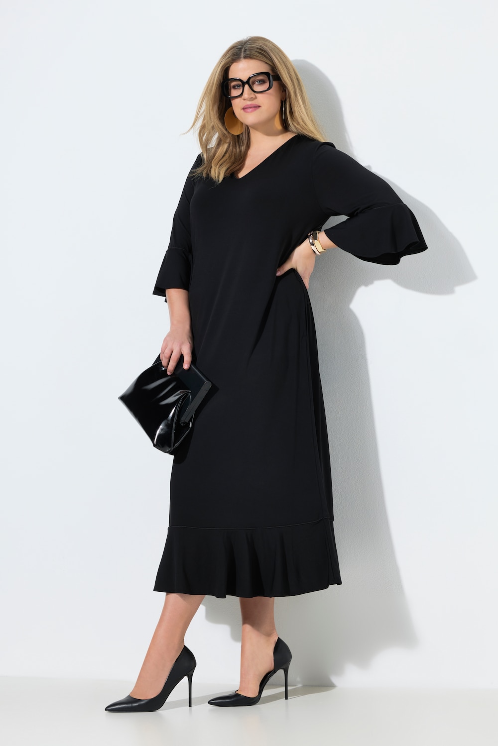 Maxikleid, Volants, A-Linie, V-Ausschnitt, 3/4-Arm