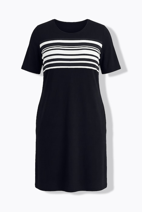 Jersey jurk, gestreepte inzet, ronde hals, korte mouwen