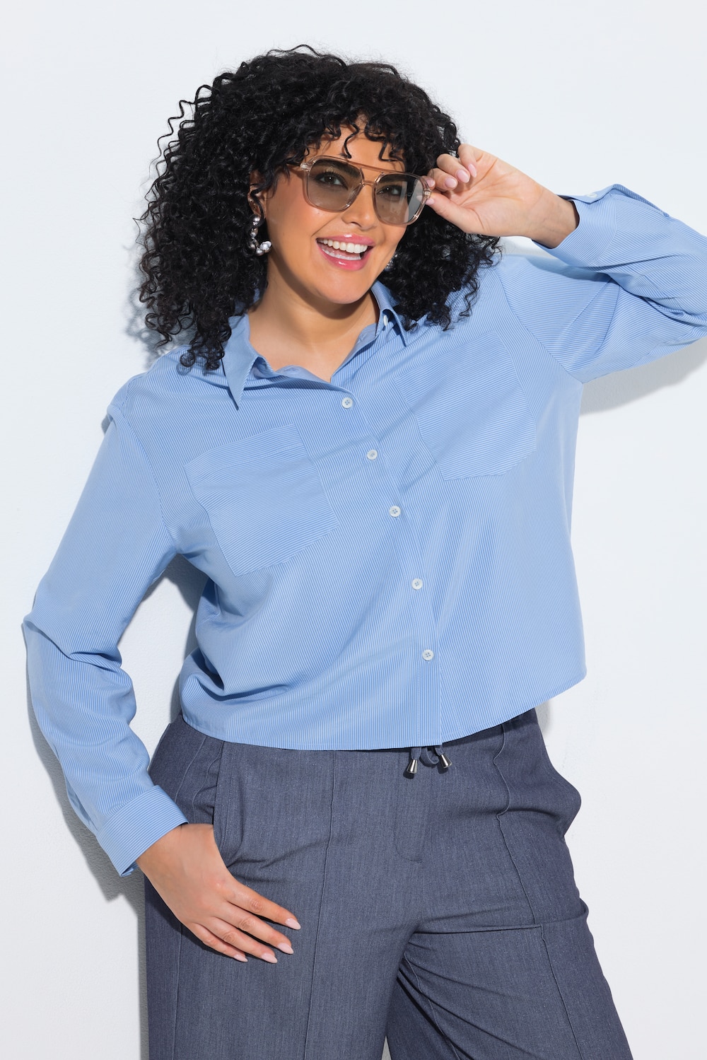 Blouse met strepen, overhemdkraag, lange mouw, borstzakken