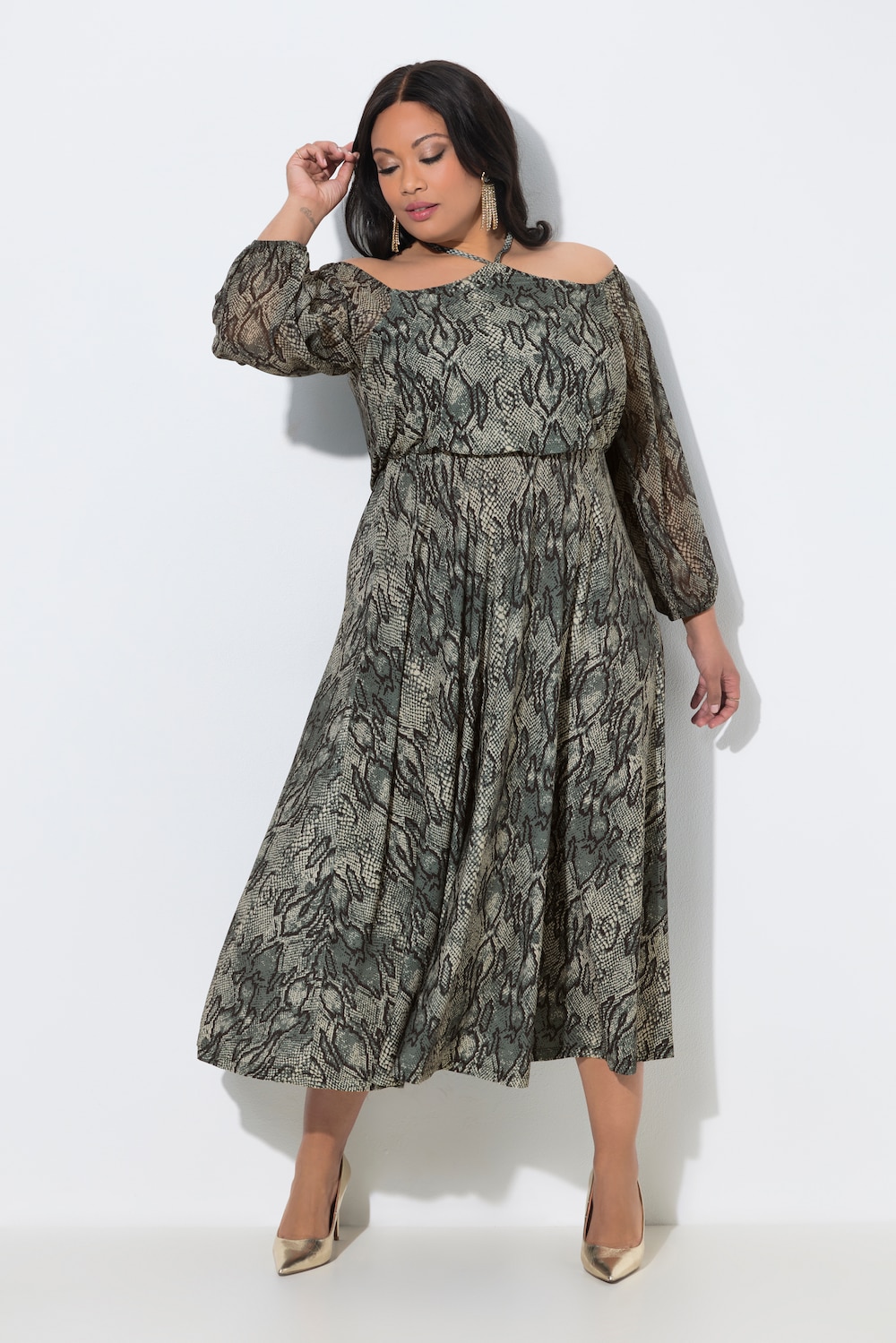 Maxikleid, Animal, schulterfrei, Neckholder-Optik, Langarm