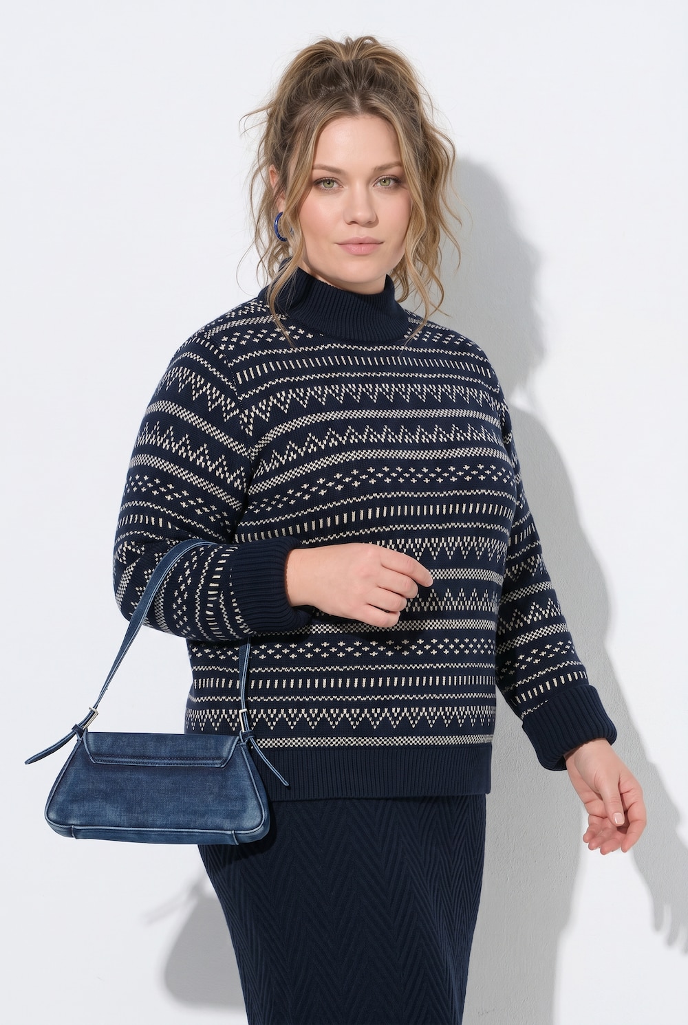 Pullover, Jacquard, Stehkragen, Langarm, Biobaumwolle
