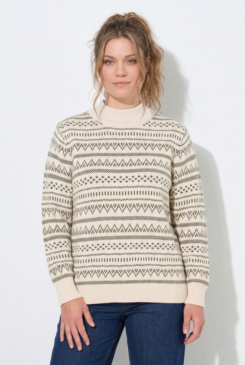 Pullover, Jacquard, Stehkragen, Langarm, Biobaumwolle