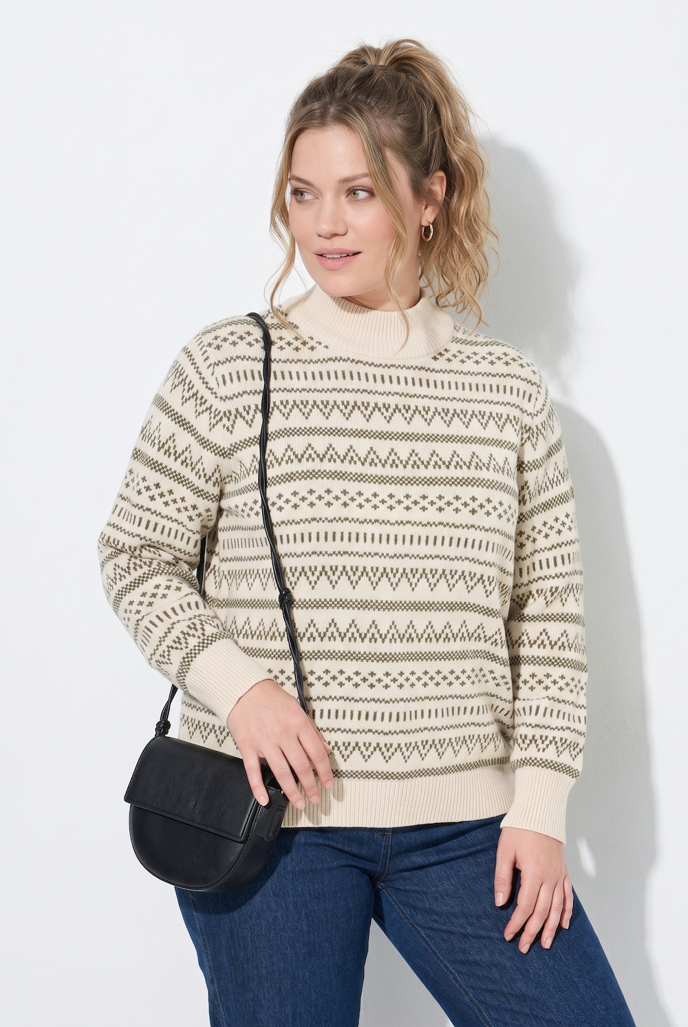 Pullover, Jacquard, Stehkragen, Langarm, Biobaumwolle
