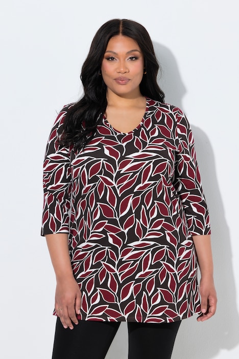 Longshirt, Blüten, V-Ausschnitt, 3/4-Arm