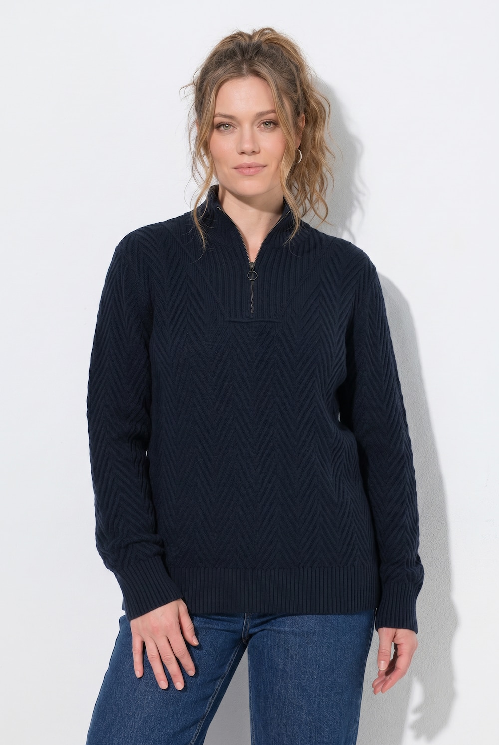 Pullover, Fischgrat, Troyerkragen, Langarm, Biobaumwolle