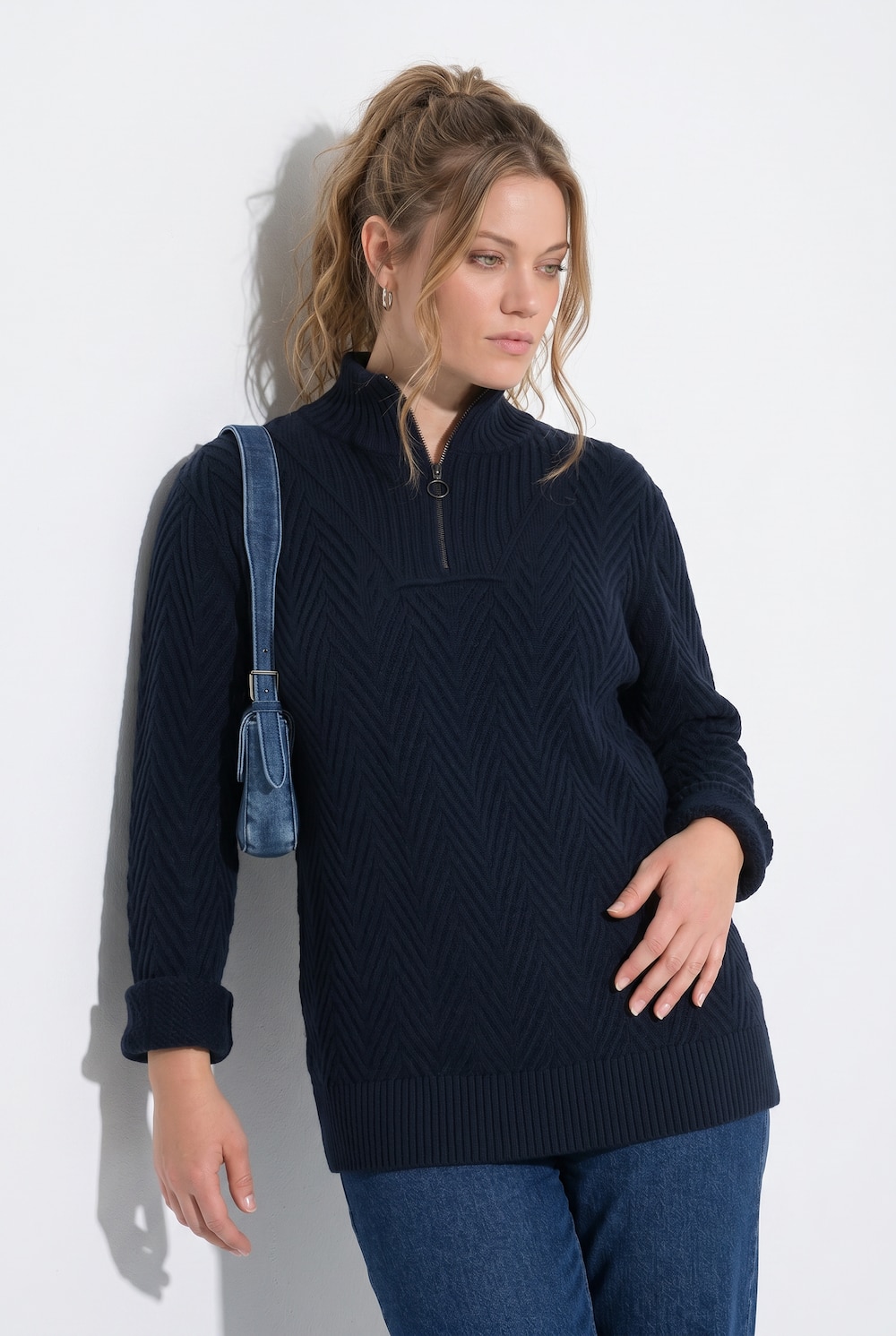Pullover, Fischgrat, Troyerkragen, Langarm, Biobaumwolle