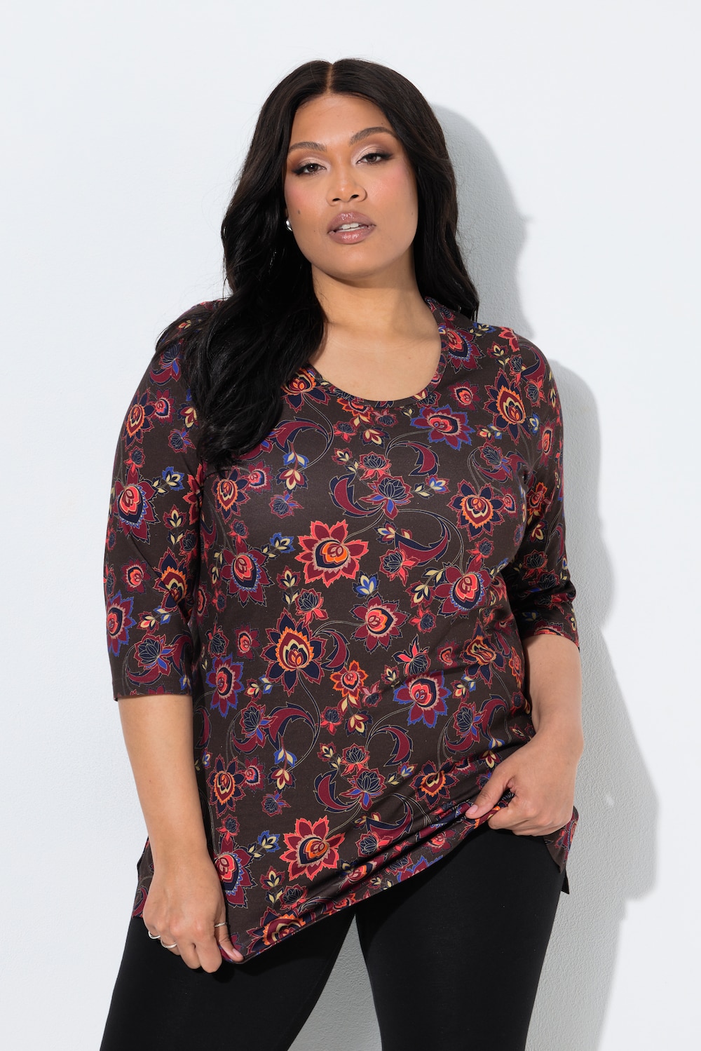 Longshirt, Blüten, Rundhalsausschnitt, 3/4-Arm