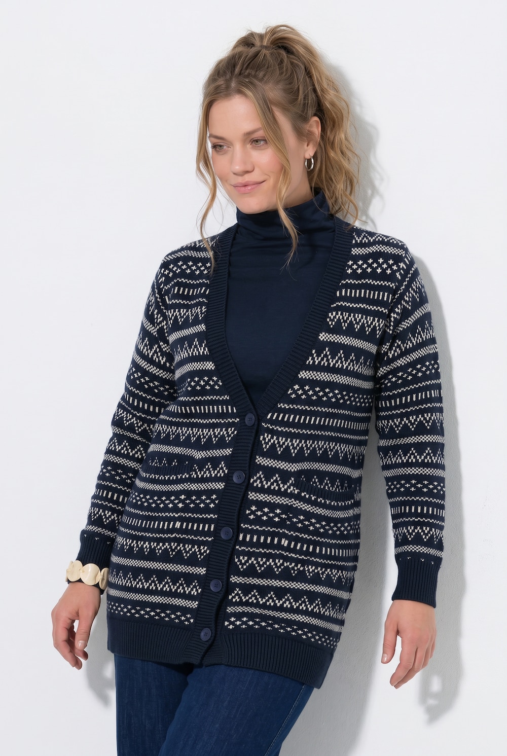 Long-Strickjacke, Jacquard, V-Ausschnitt, Langarm
