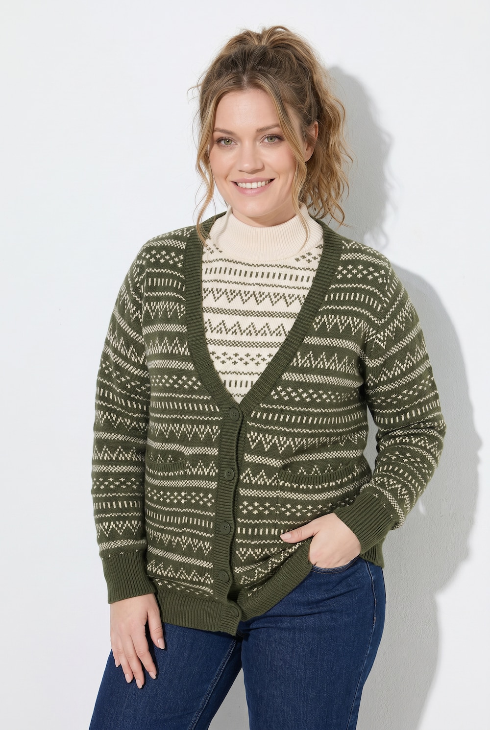 Long-Strickjacke, Jacquard, V-Ausschnitt, Langarm