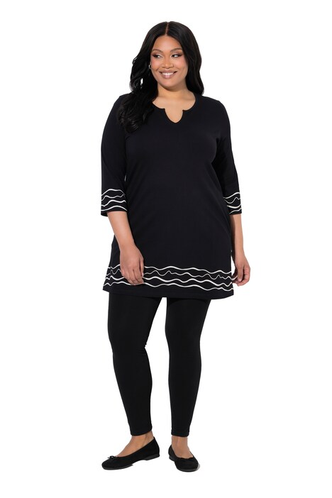 Scribble Stripe Motif 3/4 Sleeve Notch Neck Knit Tunic