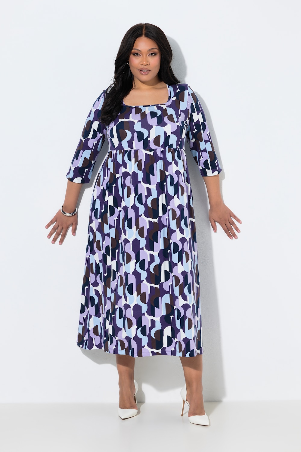 Maxi-jurk, grafische print, carreehals, 3/4 mouwen