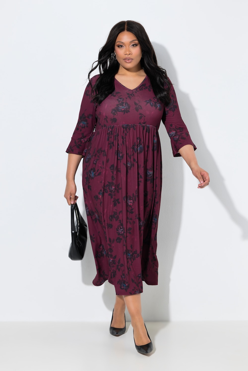 Maxikleid, Blüten, A-Linie, V-Ausschnitt, 3/4-Arm