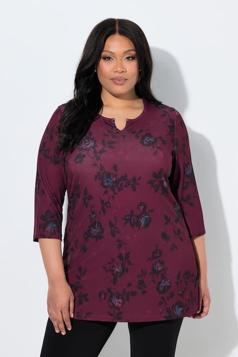Longshirt, Blüten, Tunika-Ausschnitt, 3/4-Arm