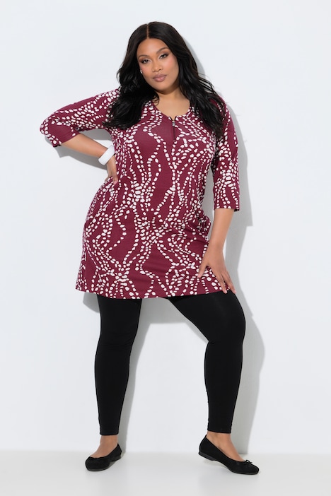 Dot Wave Zipper Neckline 3/4 Sleeve Knit Tunic Dress
