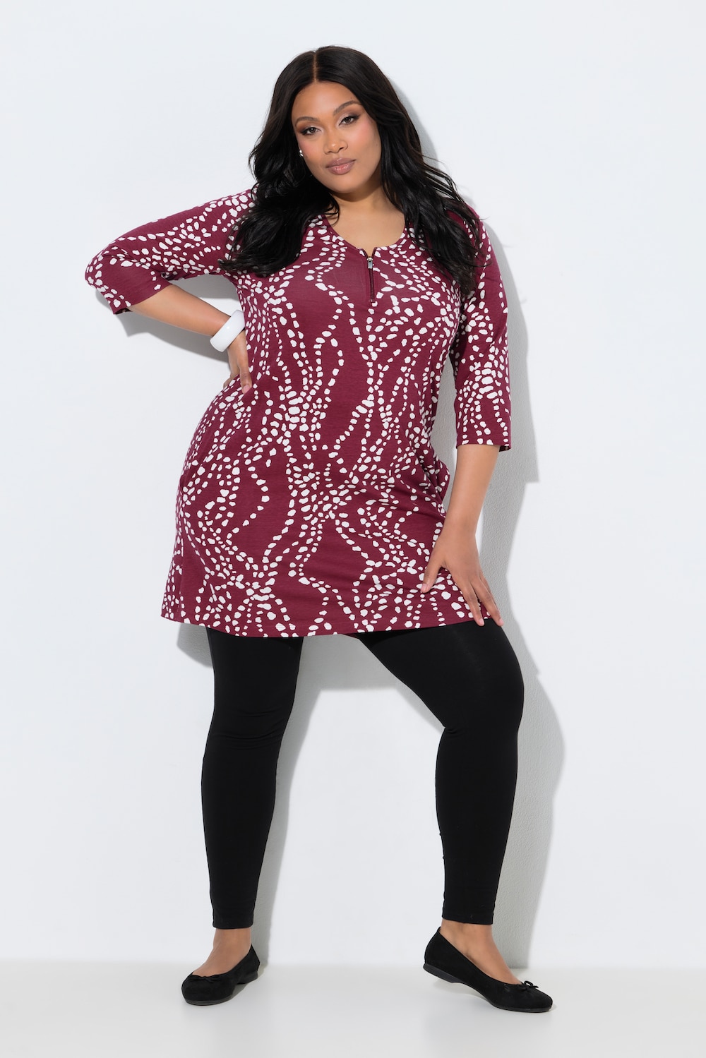 Longshirt, grafischer Druck, V-Ausschnitt, 3/4-Arm, Zipper