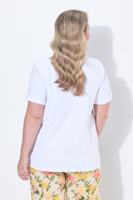T-shirt i A-linje med spids kant, glimmer og pyntesten