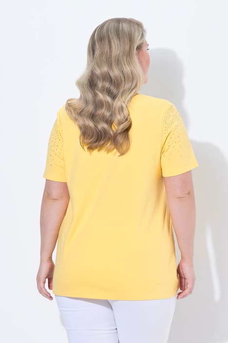 T-shirt i A-linje med spids kant, glimmer og pyntesten