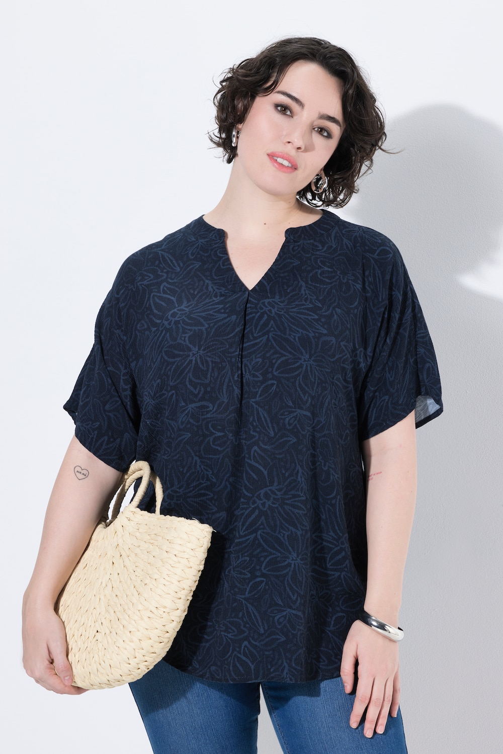 Bluse, Blüten, A-Linie, Tunika-Ausschnitt, Halbarm