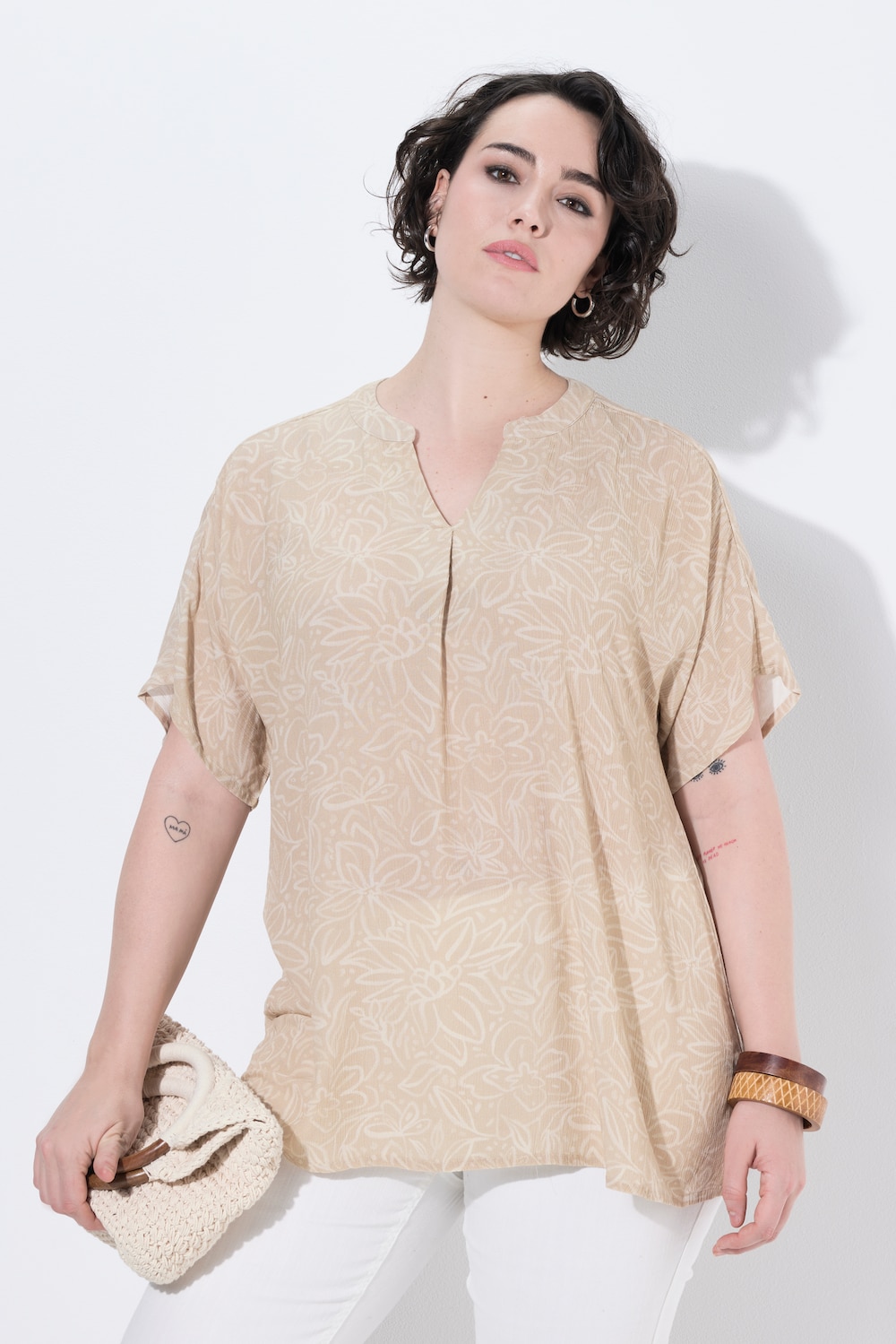 Bluse, Blüten, A-Linie, Tunika-Ausschnitt, Halbarm