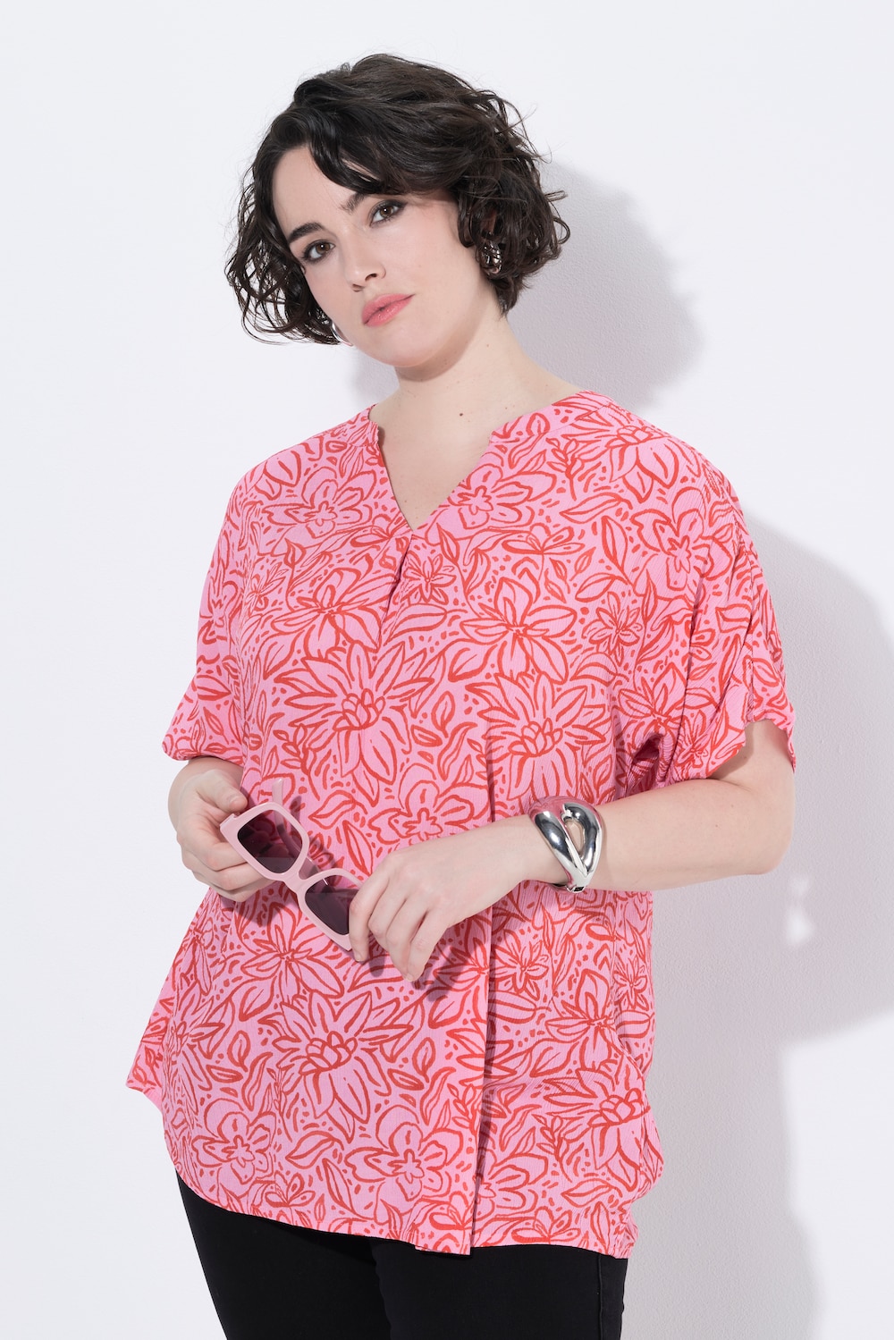 Bluse, Blüten, A-Linie, Tunika-Ausschnitt, Halbarm