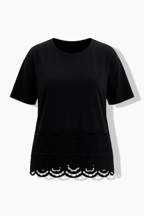 T-shirt, opengewerkte kant, oversized, ronde hals, korte mouwen
