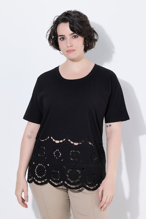 T-shirt, opengewerkte kant, oversized, ronde hals, korte mouwen