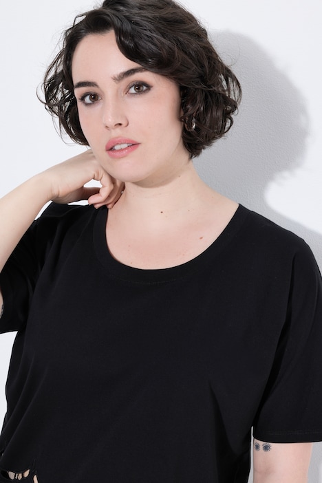 T-shirt, opengewerkte kant, oversized, ronde hals, korte mouwen