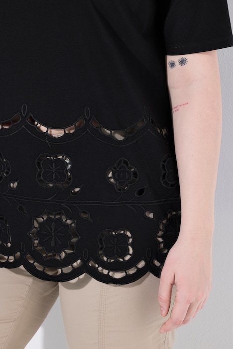 T-shirt, opengewerkte kant, oversized, ronde hals, korte mouwen