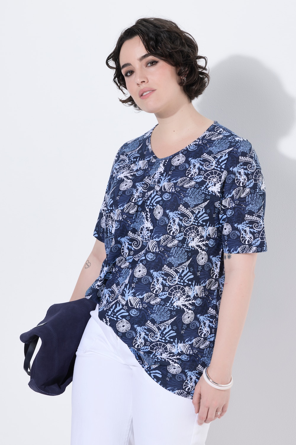 T-shirt, sierplooien, A-lijn, V-hals, korte mouwen