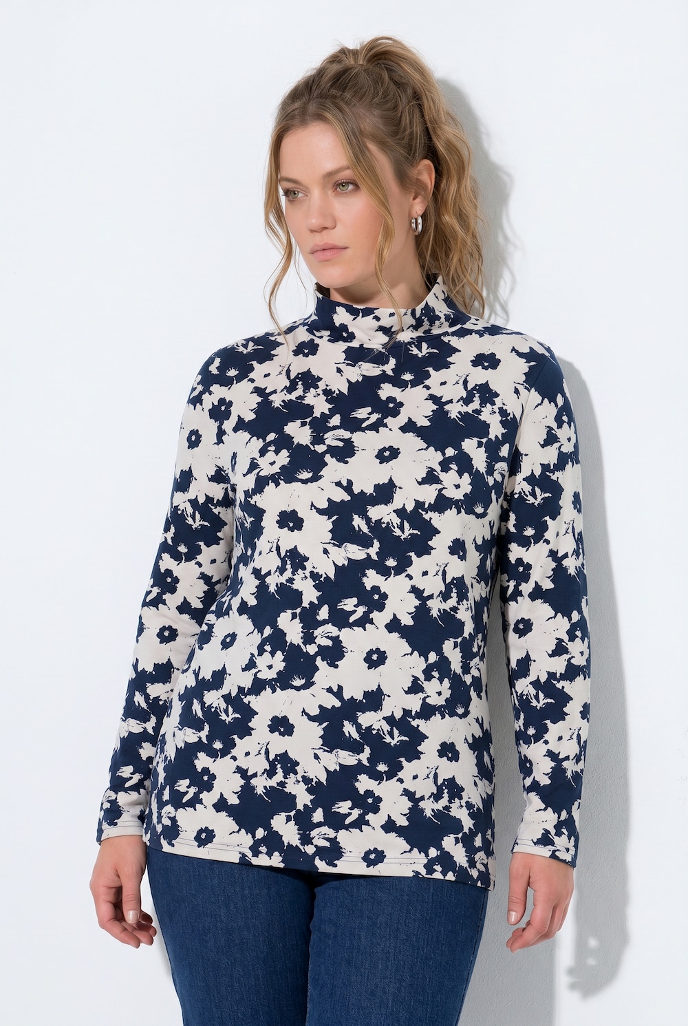 Shirt, Blüten, Slim, Stehkragen, Langarm, Biobaumwolle