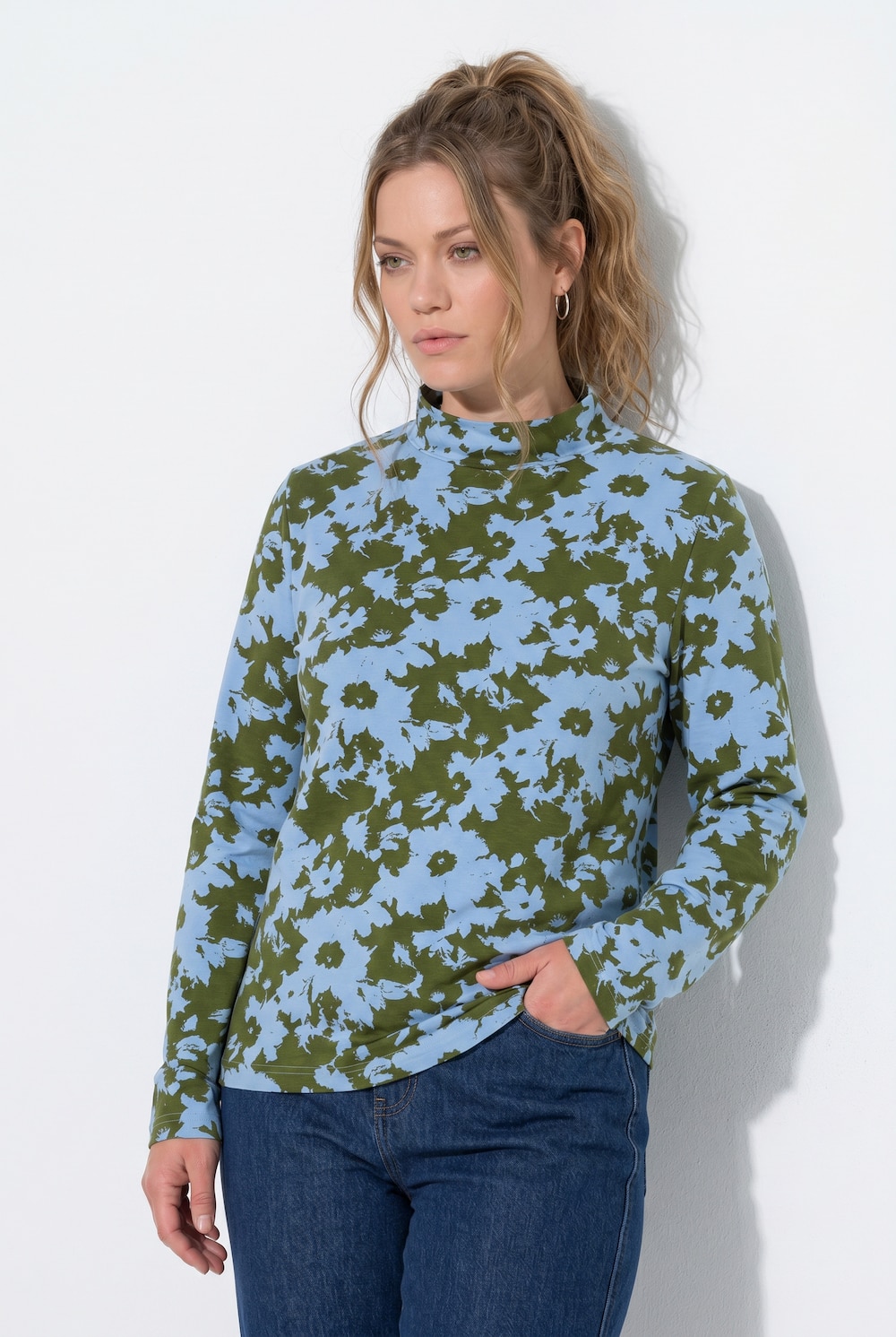 Shirt, Blüten, Slim, Stehkragen, Langarm, Biobaumwolle