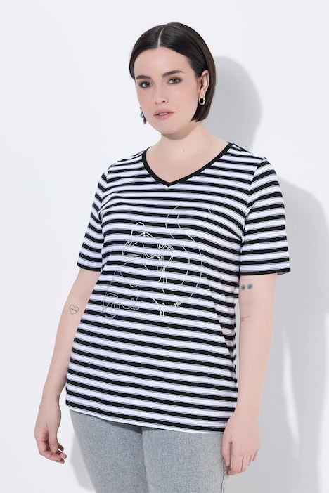 T-shirt, prążki, motyw metaliczny, dekolt w serek, krótki rękaw