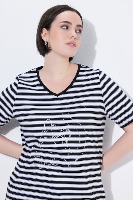 T-shirt, prążki, motyw metaliczny, dekolt w serek, krótki rękaw