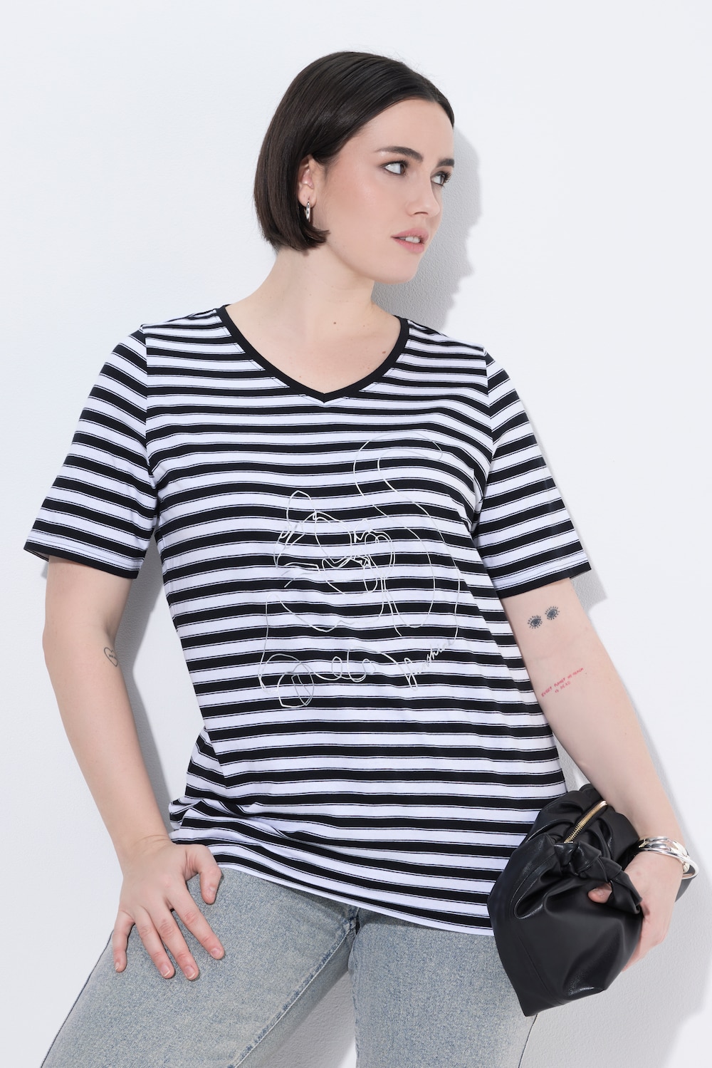 Skjorte, striper, metallic-motiv, V-hals, korte ermer