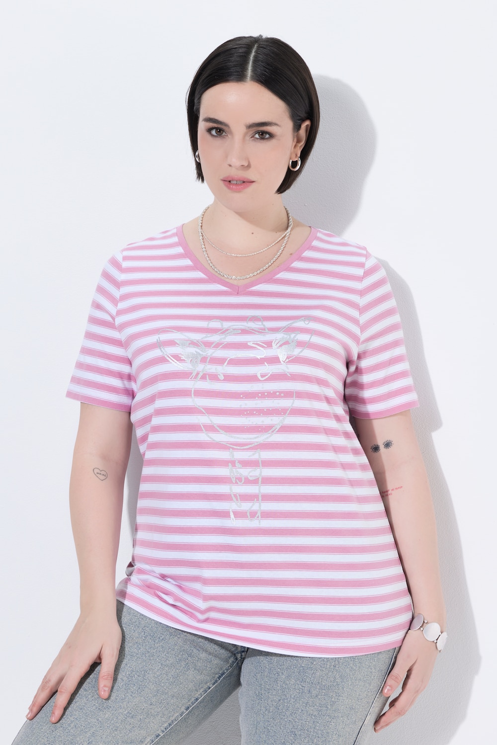 Shirt, strepen, metallic motief, V-hals, korte mouwen