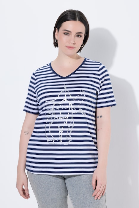 T-shirt, prążki, motyw metaliczny, dekolt w serek, krótki rękaw
